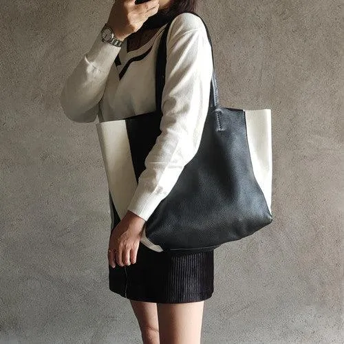 Black White Tote Black and White Leather Purse Two Tone Tote Leather Black and White Tote