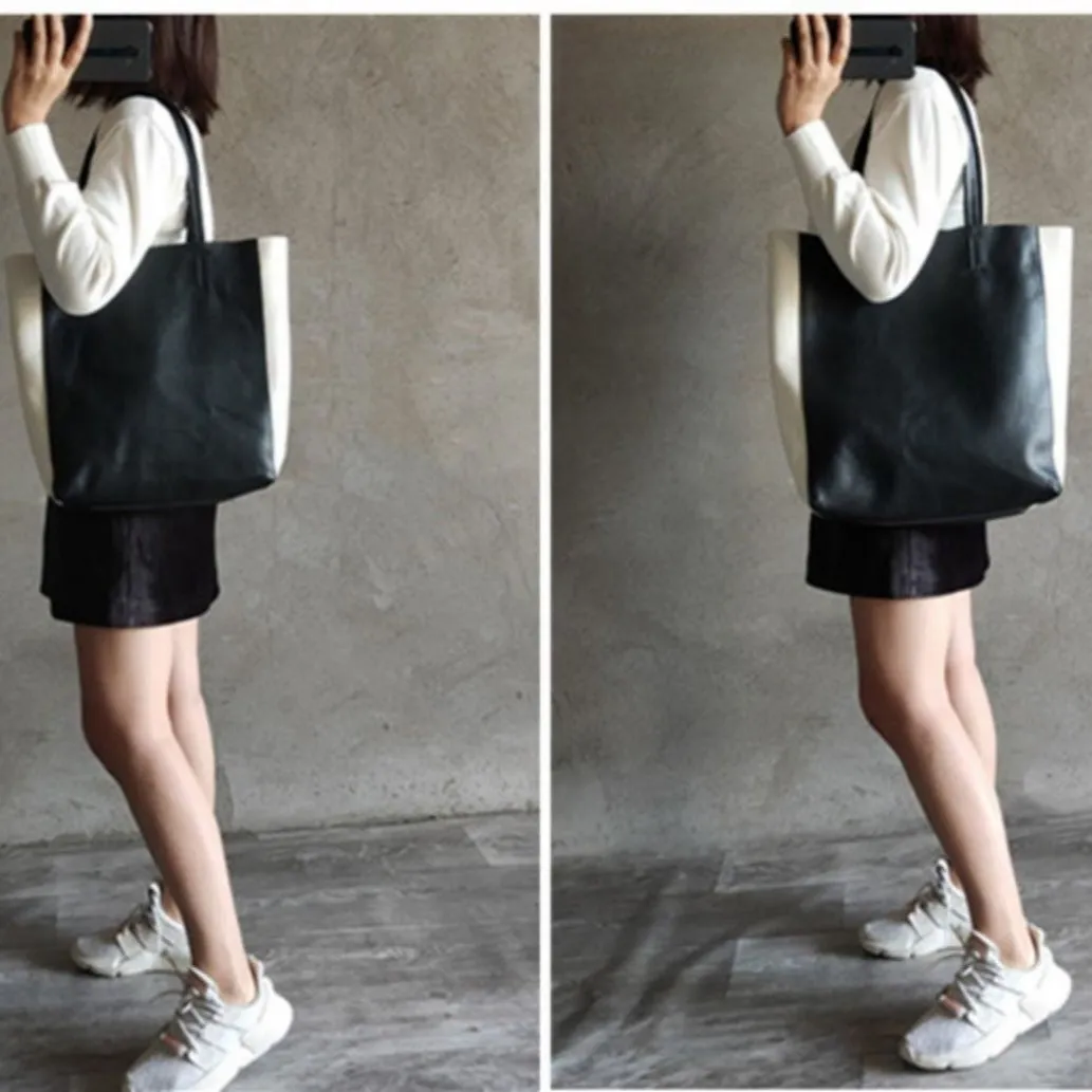 Black White Tote Black and White Leather Purse Two Tone Tote Leather Black and White Tote