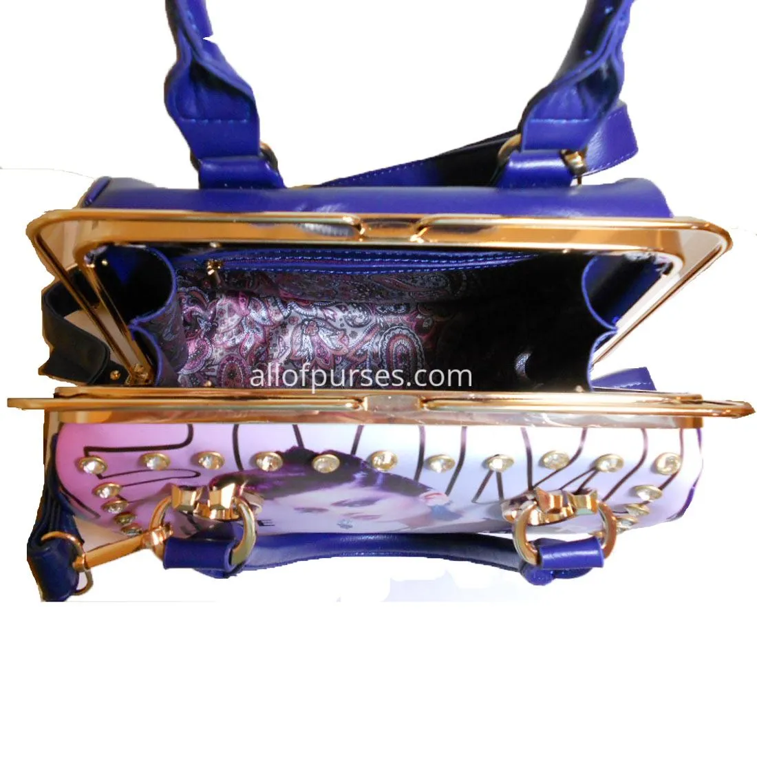 Bling Magazine cover Print sliding zip golden frame red shoulder Bag rhinestones