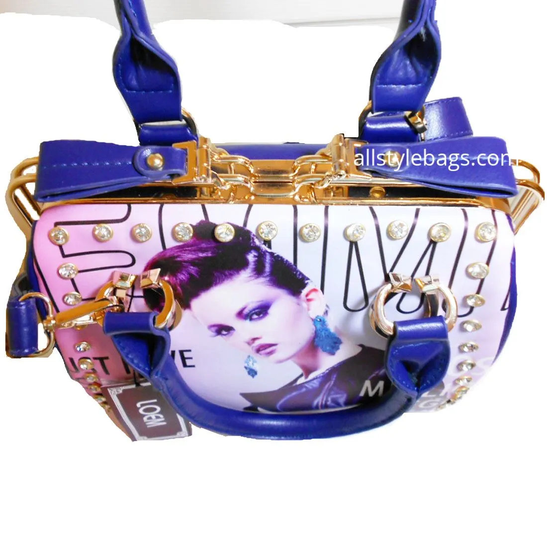 Bling Magazine cover Print sliding zip golden frame red shoulder Bag rhinestones