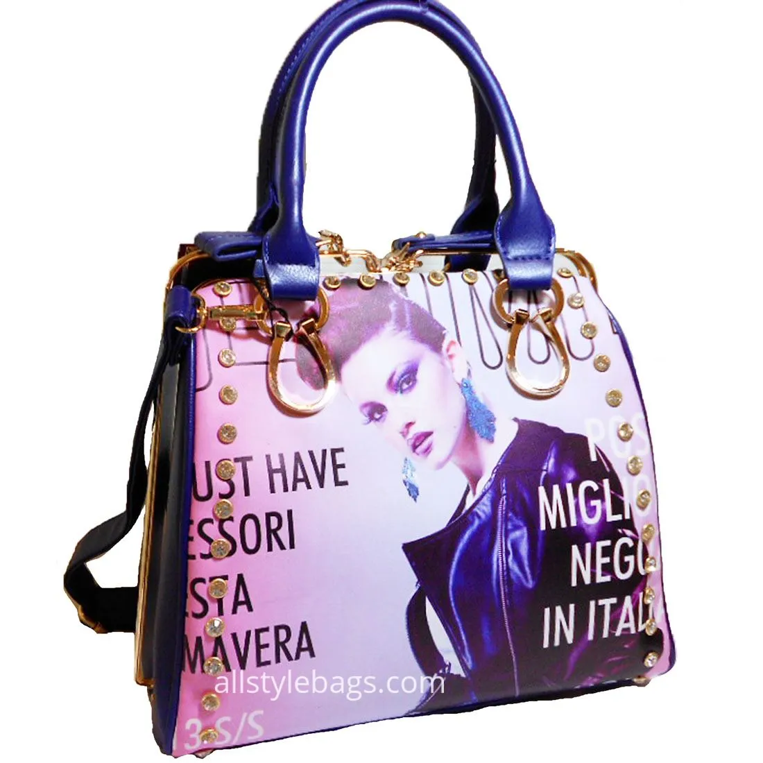 Bling Magazine cover Print sliding zip golden frame red shoulder Bag rhinestones
