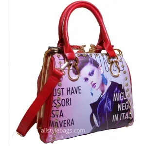 Bling Magazine cover Print sliding zip golden frame red shoulder Bag rhinestones