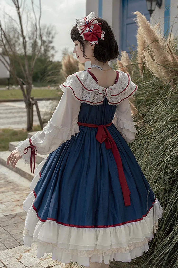 Blue/White Long Sleeves Cardigan Bowknot Sweet Lolita Dress