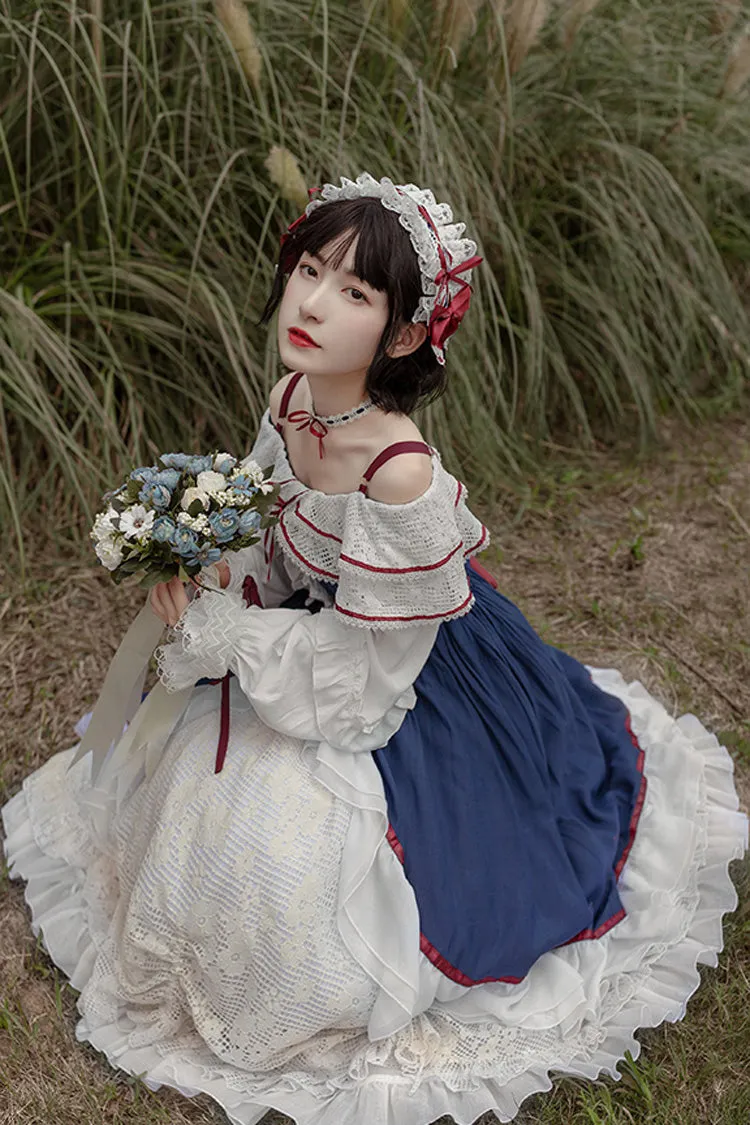Blue/White Long Sleeves Cardigan Bowknot Sweet Lolita Dress