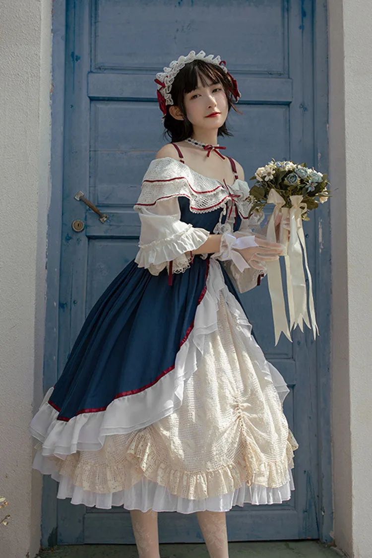 Blue/White Long Sleeves Cardigan Bowknot Sweet Lolita Dress