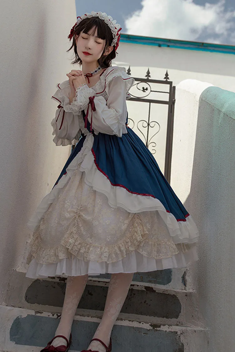 Blue/White Long Sleeves Cardigan Bowknot Sweet Lolita Dress