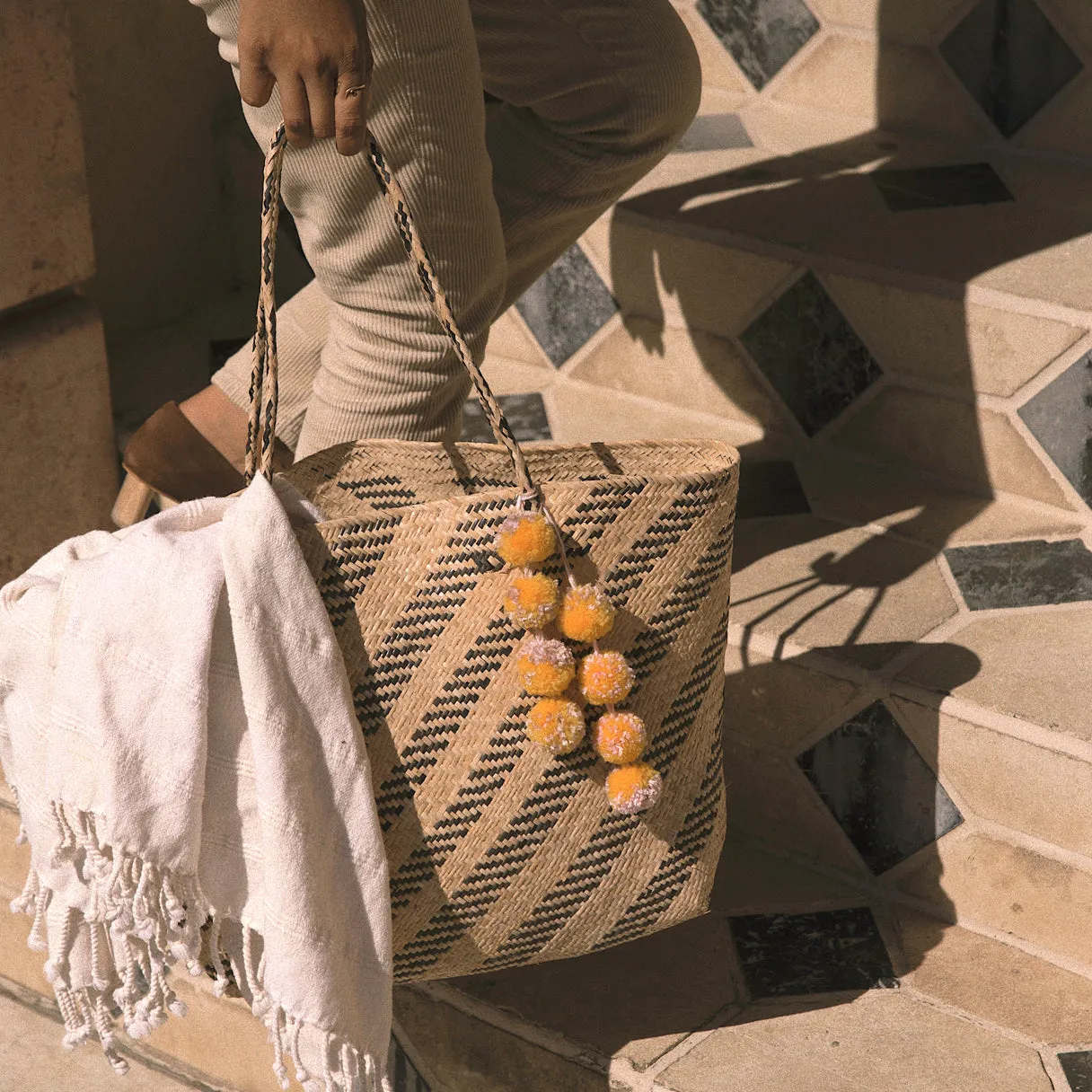 Borneo Sani Stripes Straw Tote Bag - with Marigold Tiered Pom-poms