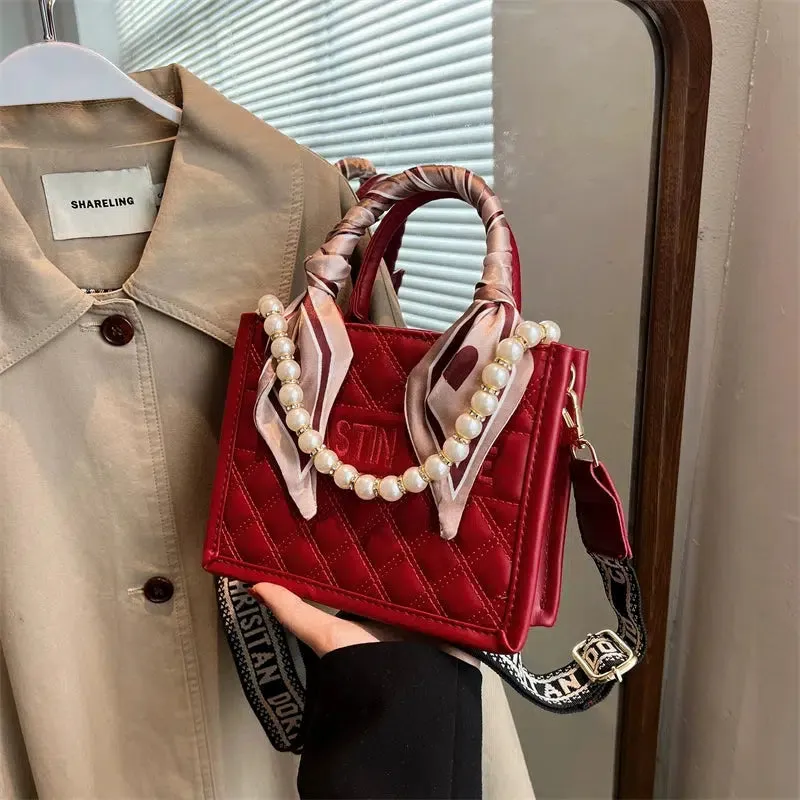 Bow Pearl Accents Quilted Tote Bag