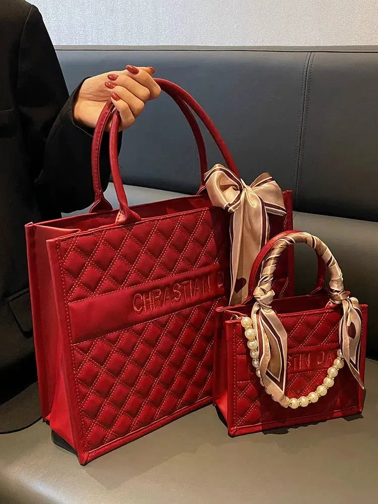 Bow Pearl Accents Quilted Tote Bag