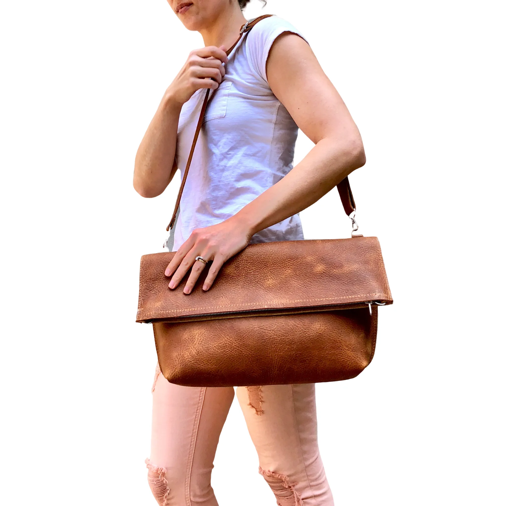 Brown leather tote / Crossbody Clutch bag