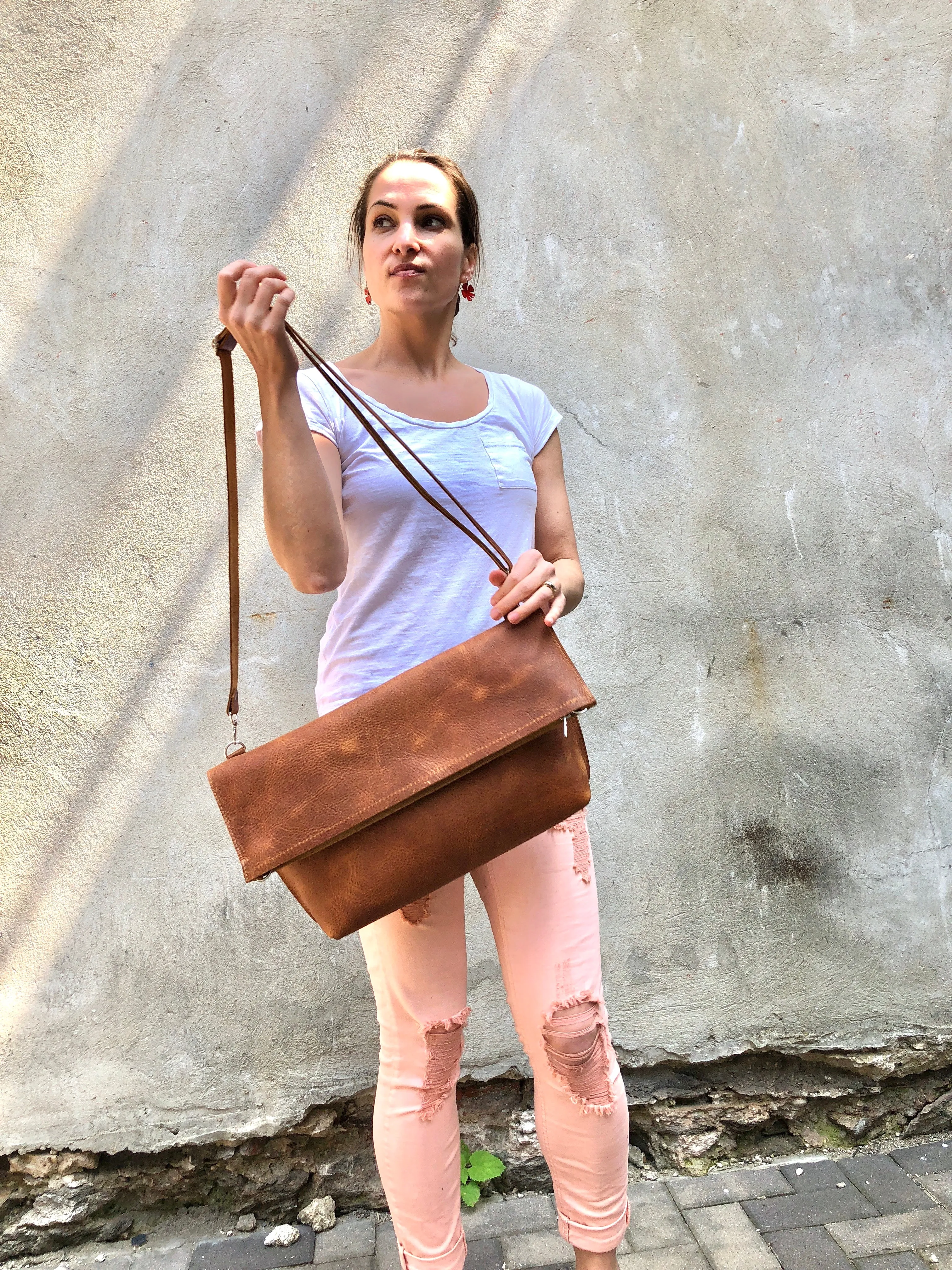 Brown leather tote / Crossbody Clutch bag