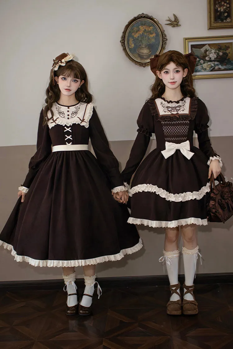 Brown [Miss Brown] Long Sleeves Ruffle Bouquet Embroidery Sweet Lolita Dress (Long Version)