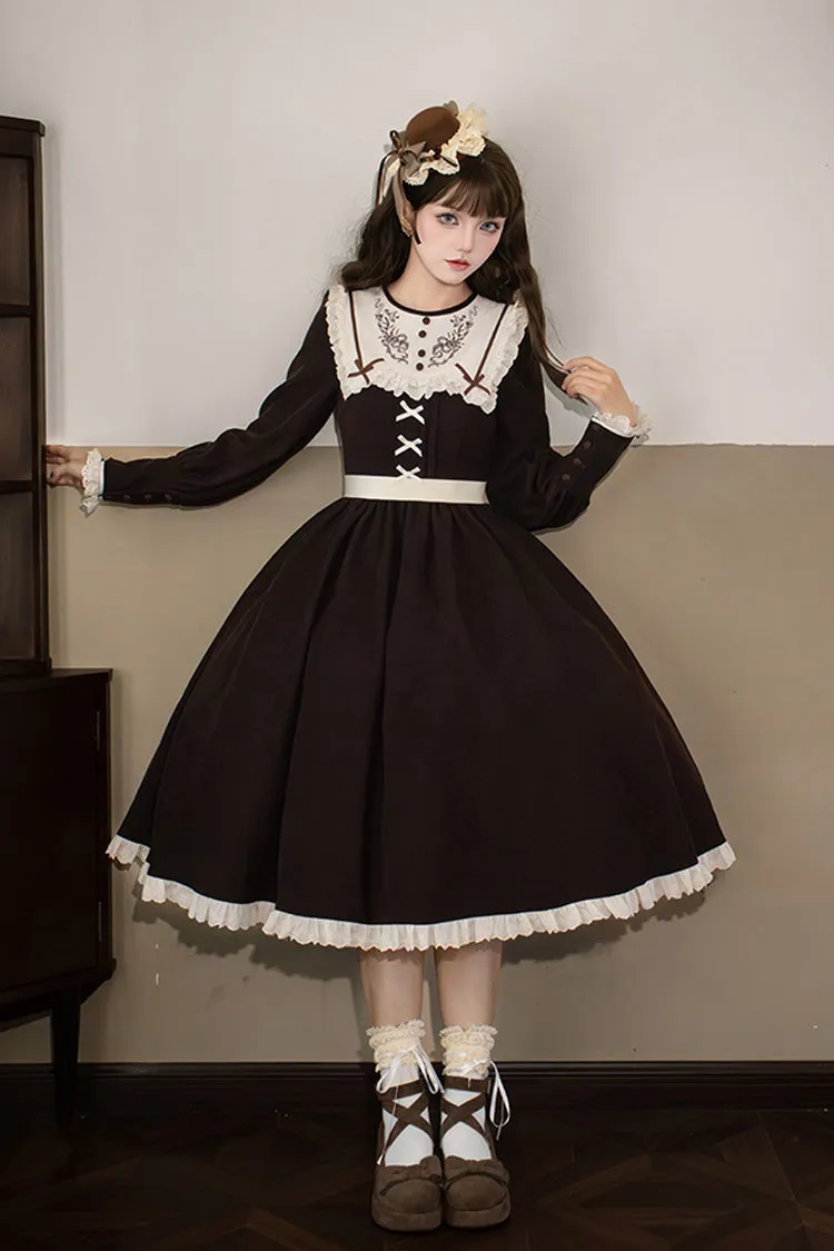 Brown [Miss Brown] Long Sleeves Ruffle Bouquet Embroidery Sweet Lolita Dress (Long Version)