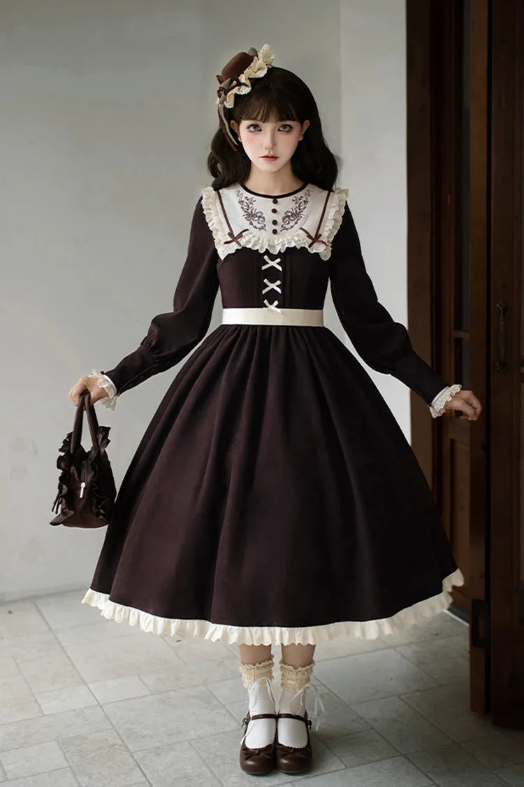 Brown [Miss Brown] Long Sleeves Ruffle Bouquet Embroidery Sweet Lolita Dress (Long Version)