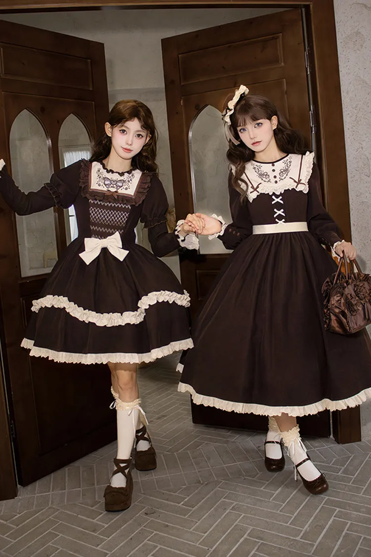 Brown [Miss Brown] Long Sleeves Ruffle Bouquet Embroidery Sweet Lolita Dress (Long Version)