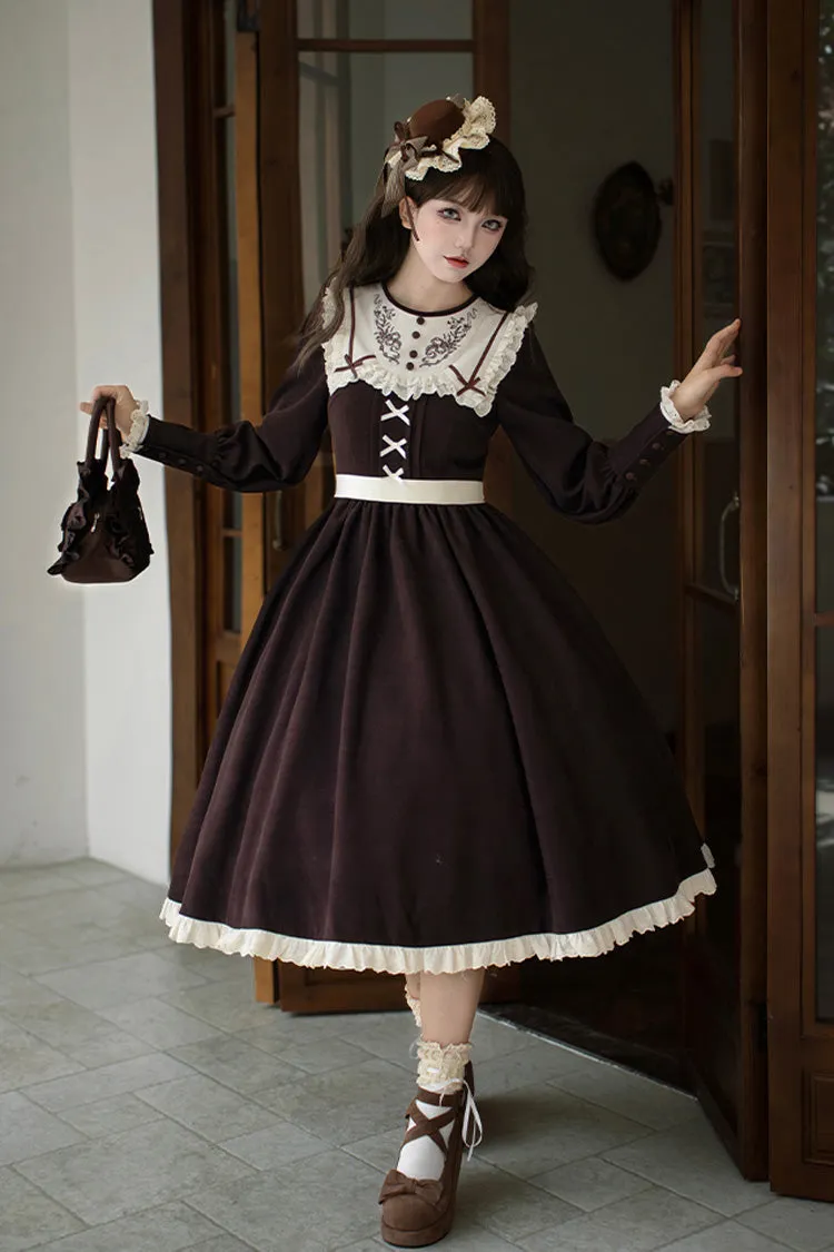 Brown [Miss Brown] Long Sleeves Ruffle Bouquet Embroidery Sweet Lolita Dress (Long Version)