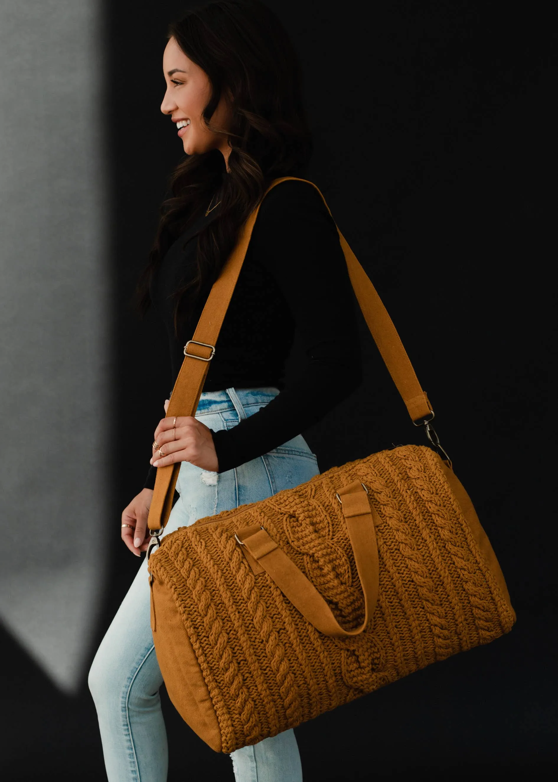 CABLE KNIT DUFFEL BAG - mustard, rust or grey