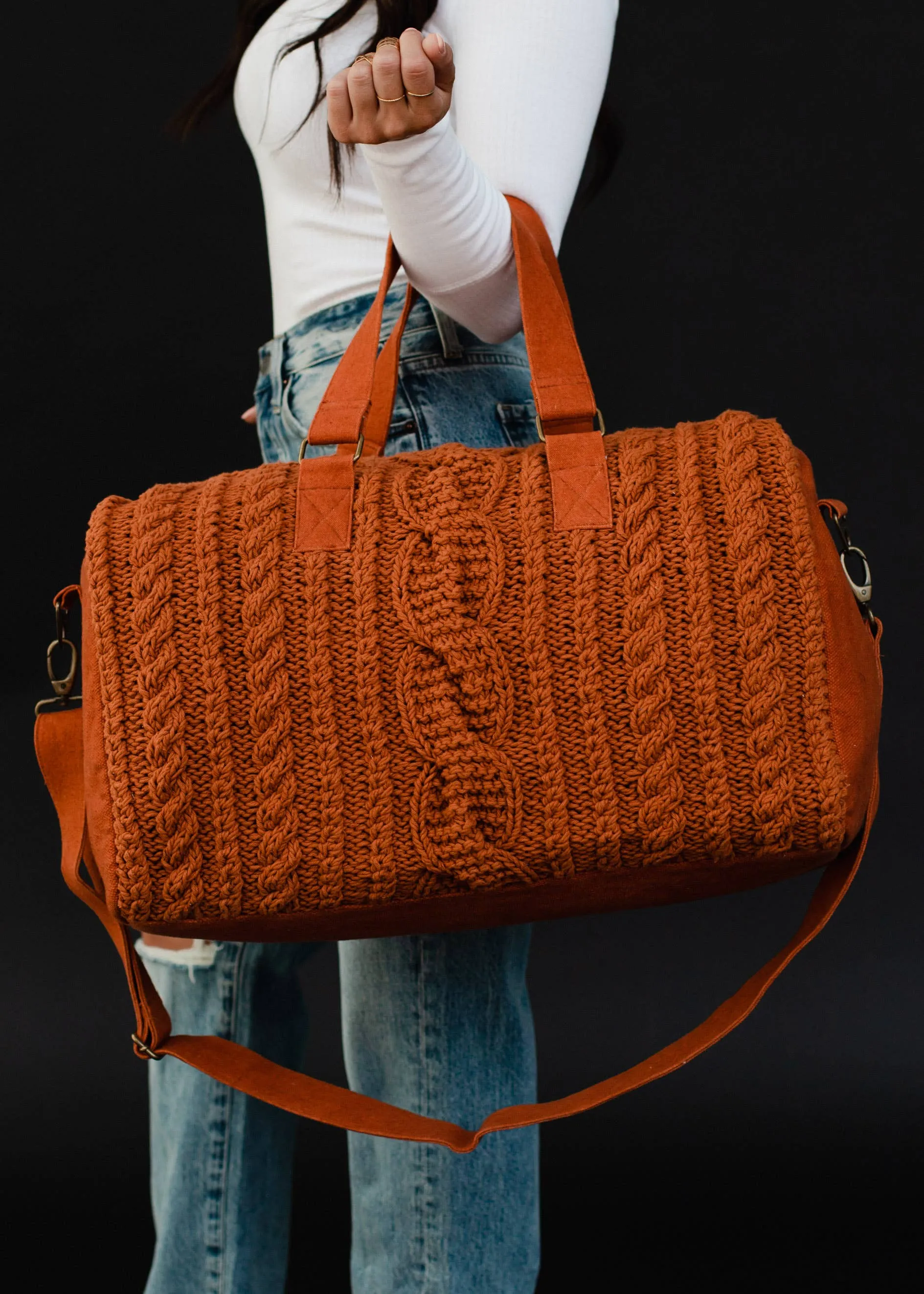 CABLE KNIT DUFFEL BAG - mustard, rust or grey