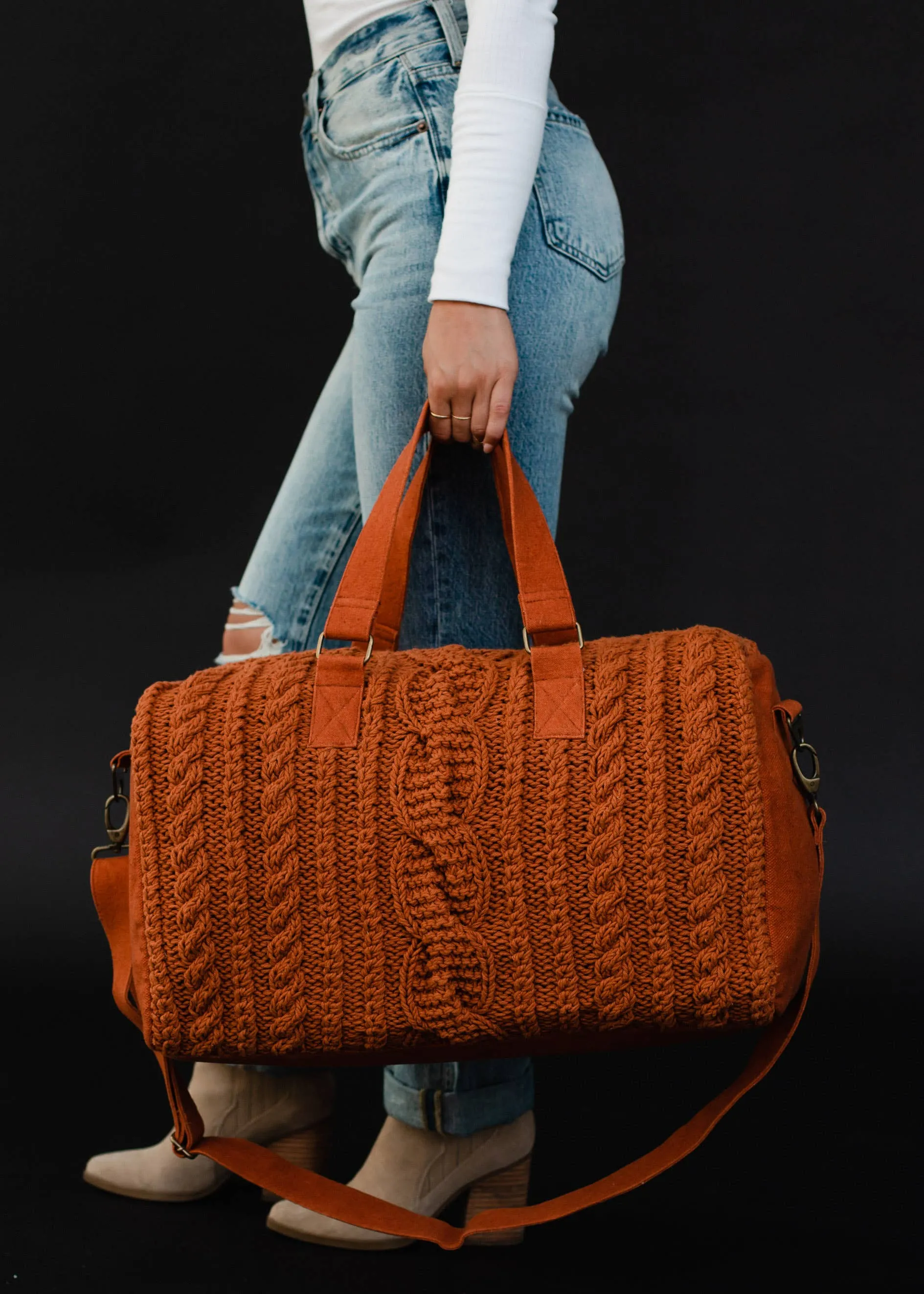 CABLE KNIT DUFFEL BAG - mustard, rust or grey