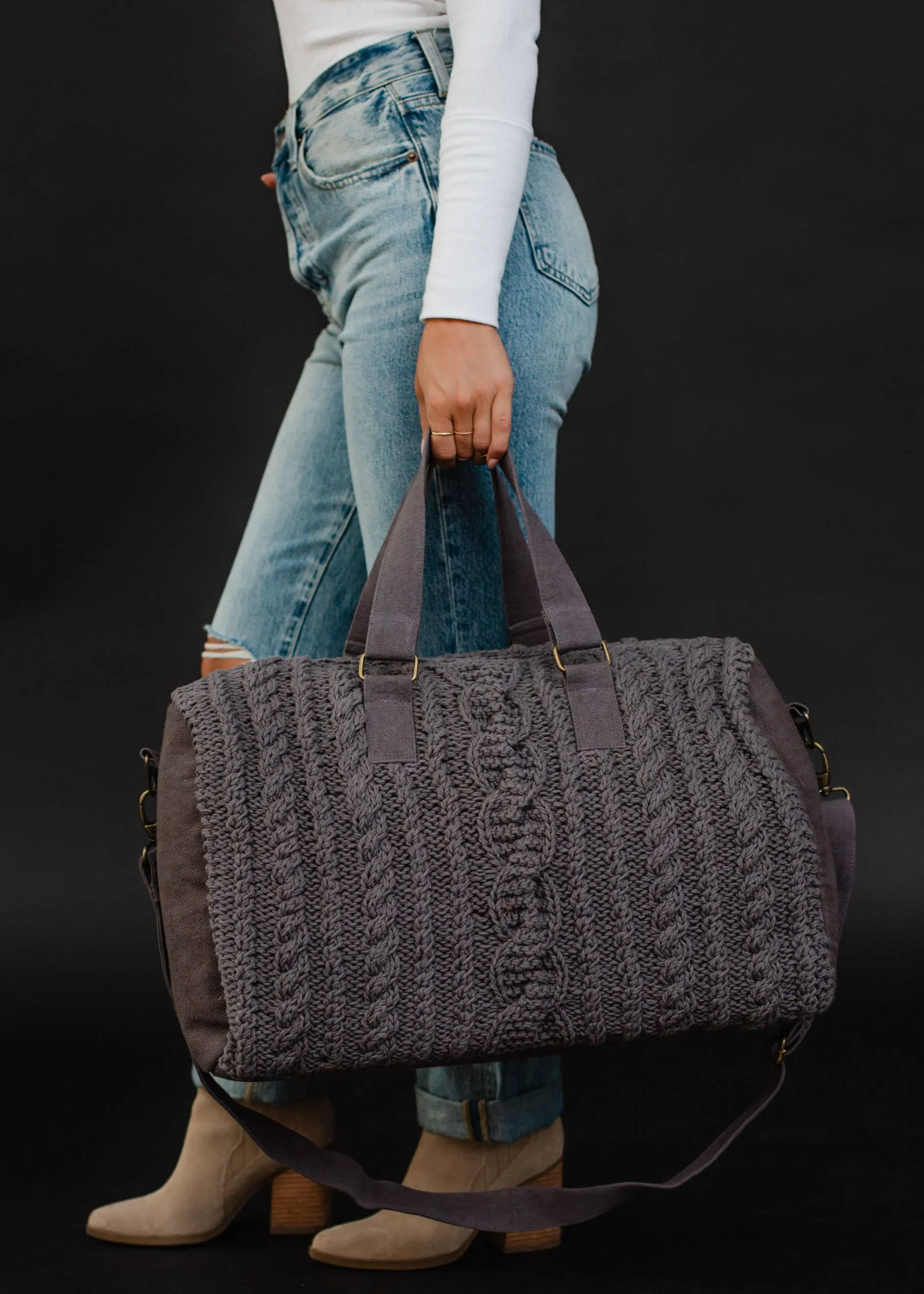 CABLE KNIT DUFFEL BAG - mustard, rust or grey