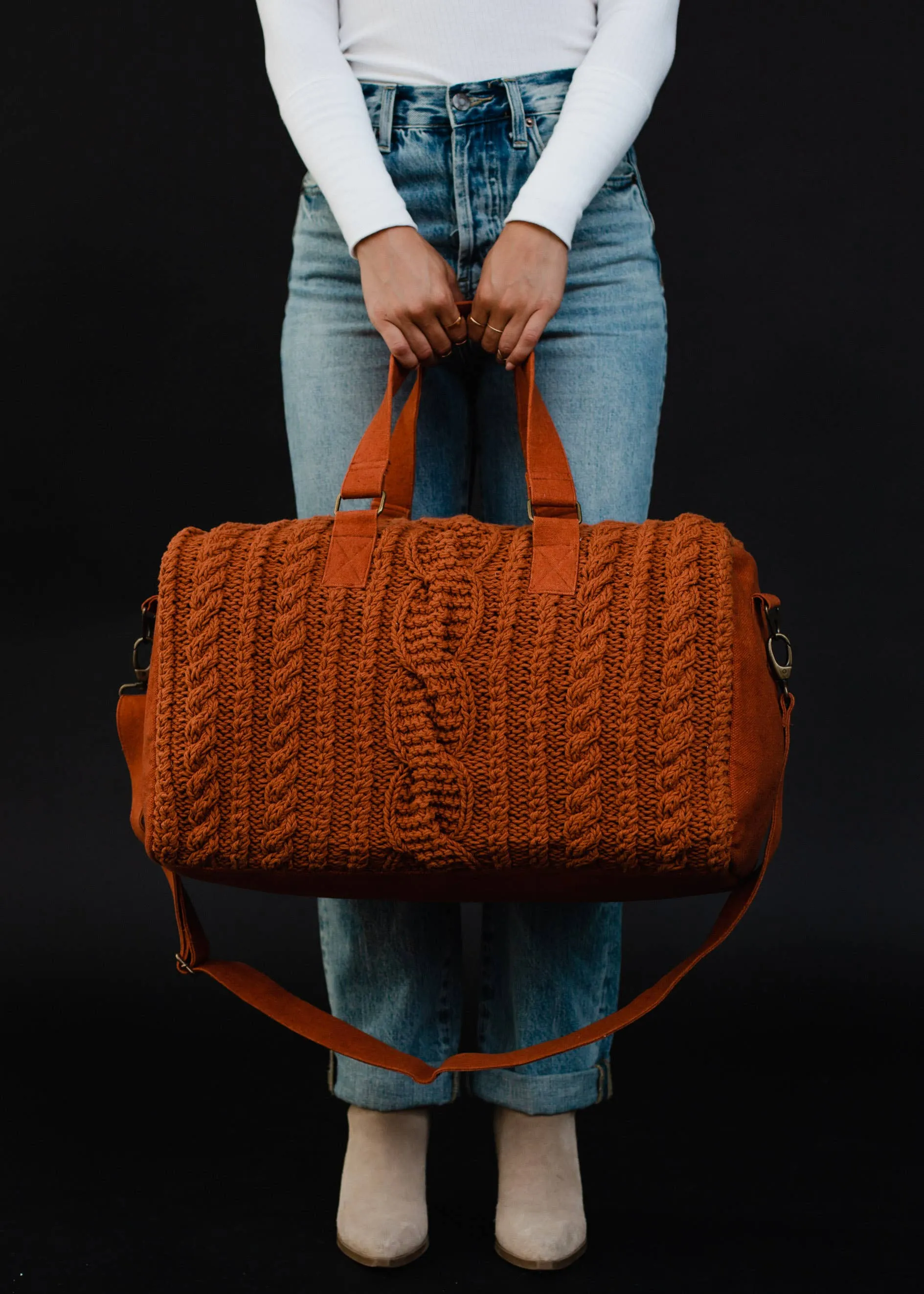 CABLE KNIT DUFFEL BAG - mustard, rust or grey