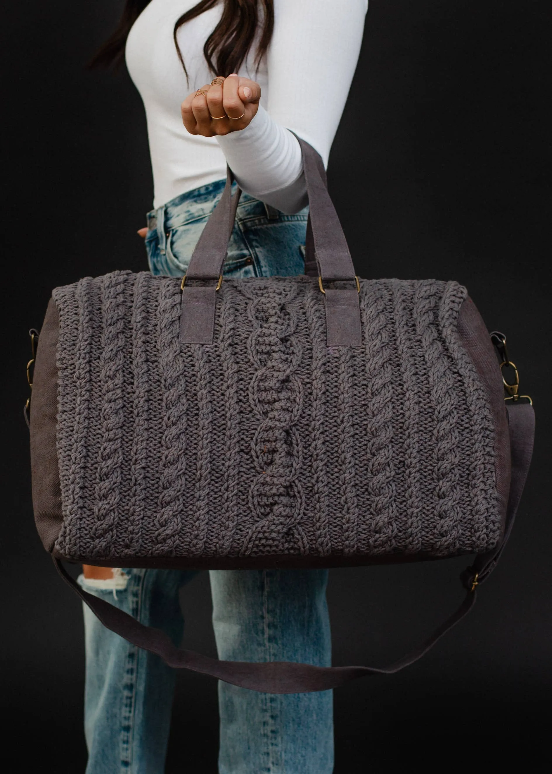 CABLE KNIT DUFFEL BAG - mustard, rust or grey