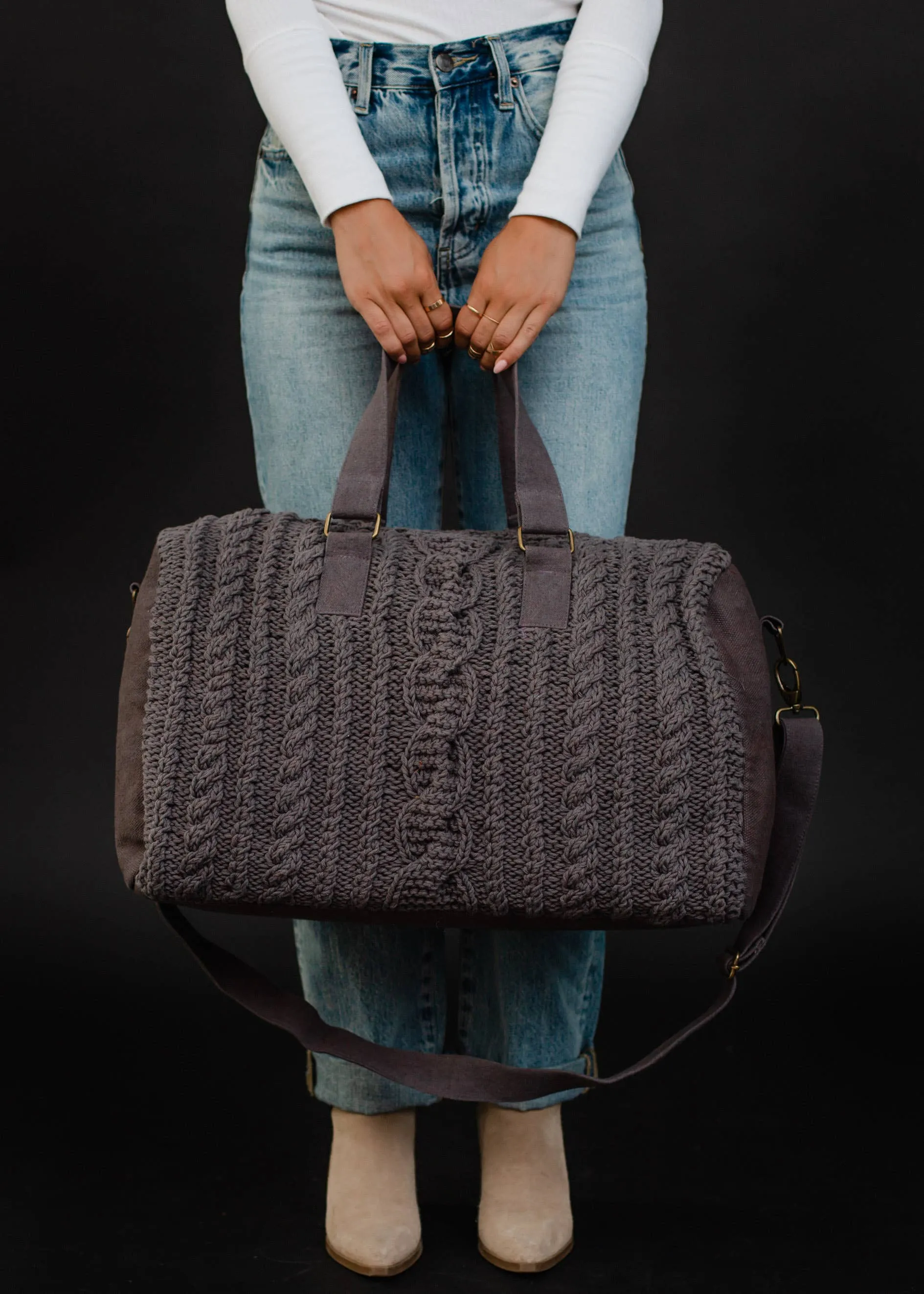 CABLE KNIT DUFFEL BAG - mustard, rust or grey