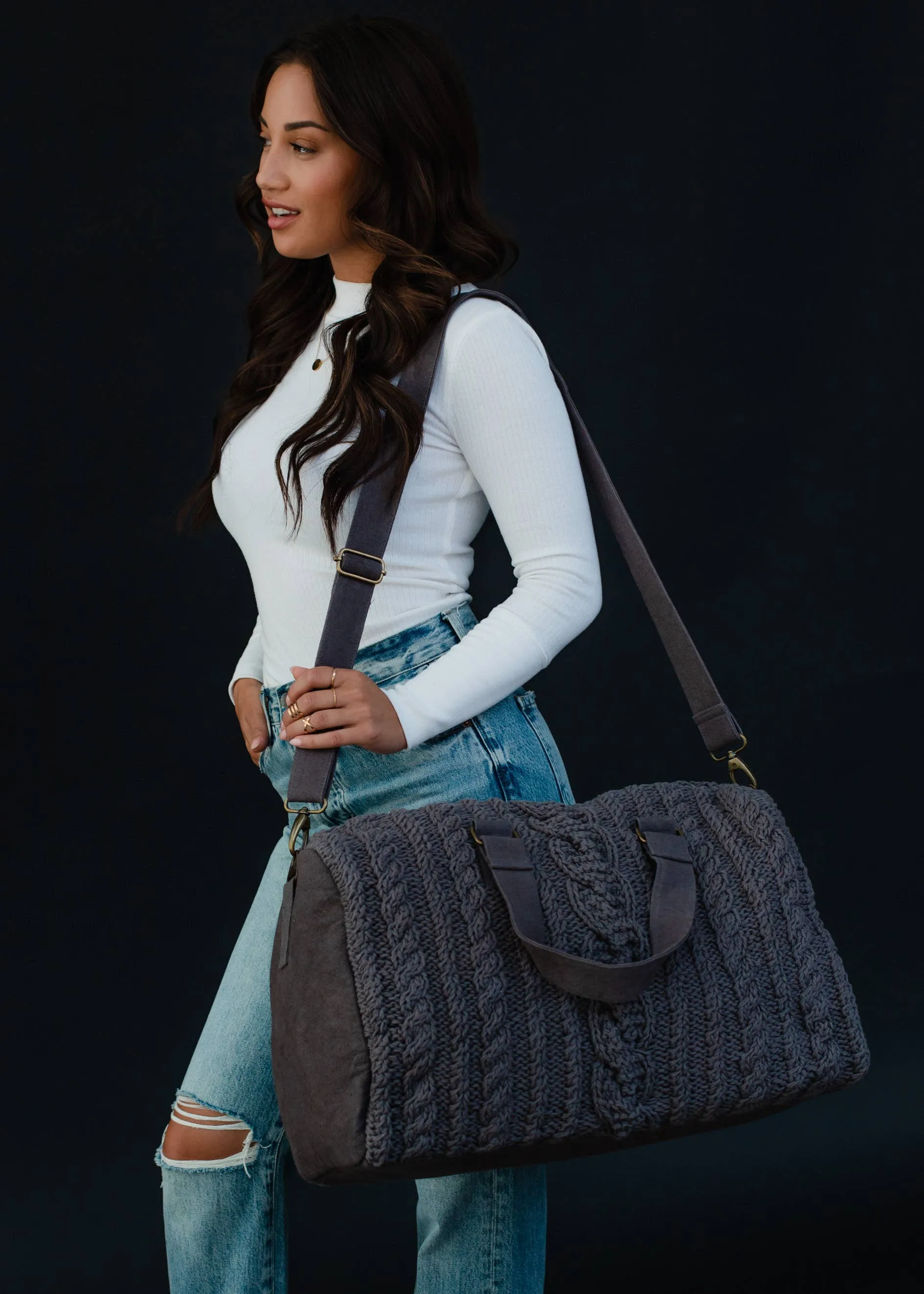 CABLE KNIT DUFFEL BAG - mustard, rust or grey