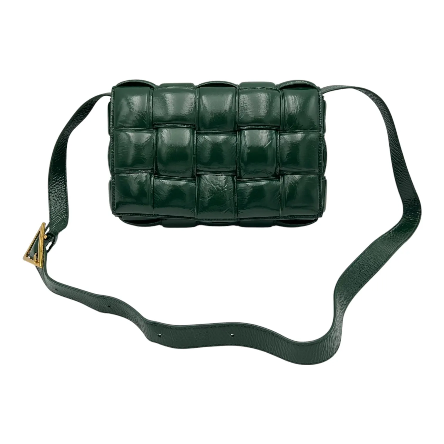 Cassette Shoulder Bag Green in Patent Leather, Gold hardware