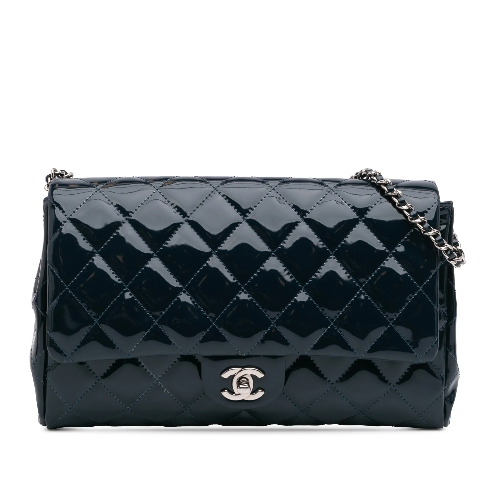 CC Quilted Patent Clutch With Chain