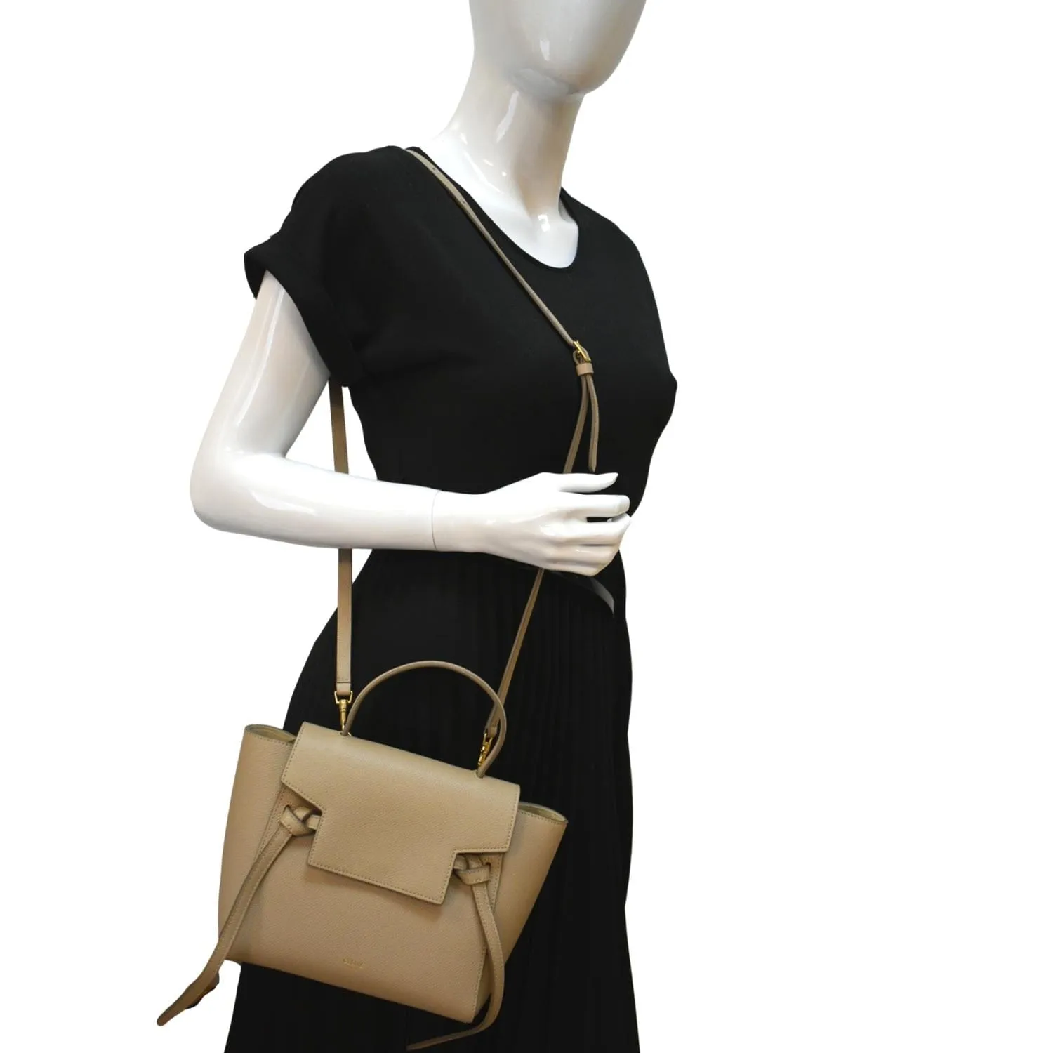 CELINE Mini Belt Grained Leather 2Way Shoulder Bag Taupe
