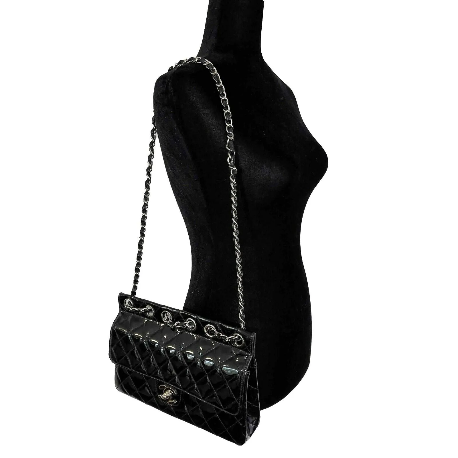 CHANEL 05 Patent Chain Through Flap Bag Quilted - Black / Silver-tone Crossbody