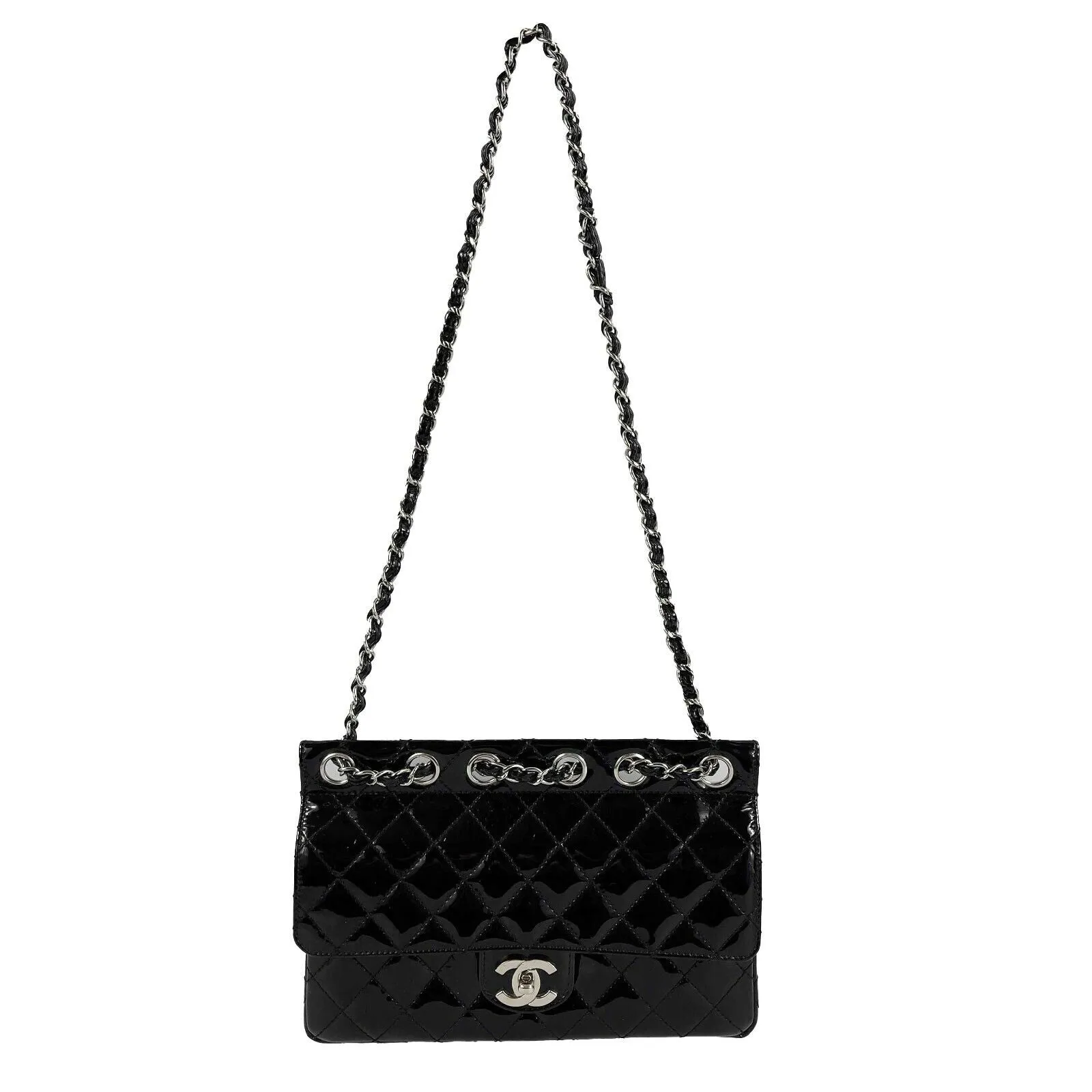 CHANEL 05 Patent Chain Through Flap Bag Quilted - Black / Silver-tone Crossbody