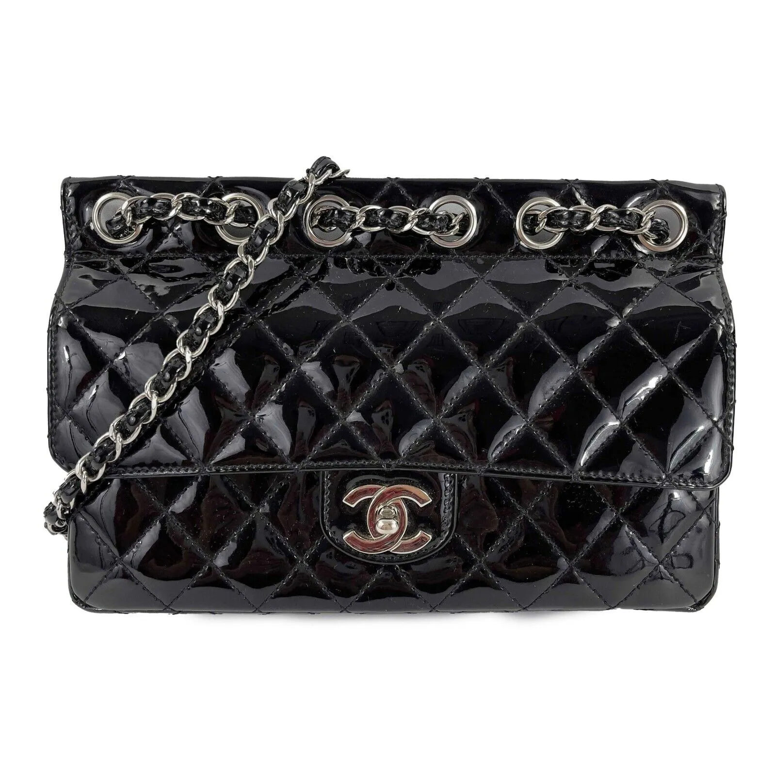 CHANEL 05 Patent Chain Through Flap Bag Quilted - Black / Silver-tone Crossbody