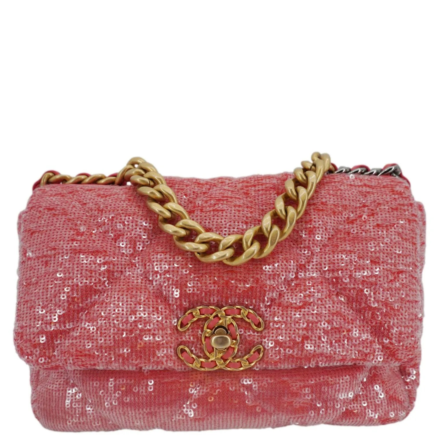 CHANEL 19 Medium Flap Quilted Sequin Shoulder Bag Hot Pink