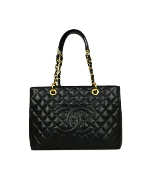 Chanel 2014 Discontinued Black Caviar Leather Quilted Grand Shopper Tote Bag