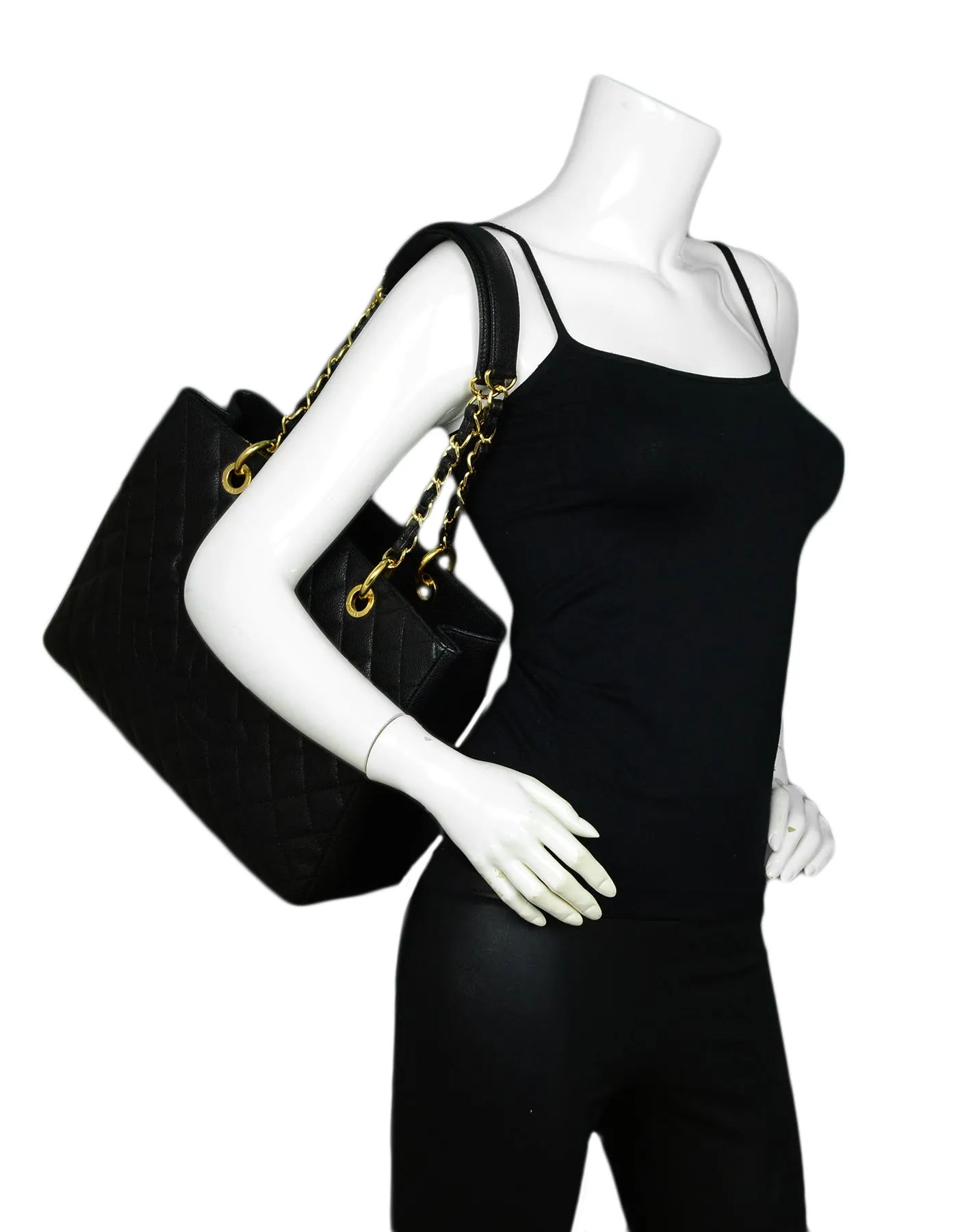 Chanel 2014 Discontinued Black Caviar Leather Quilted Grand Shopper Tote Bag
