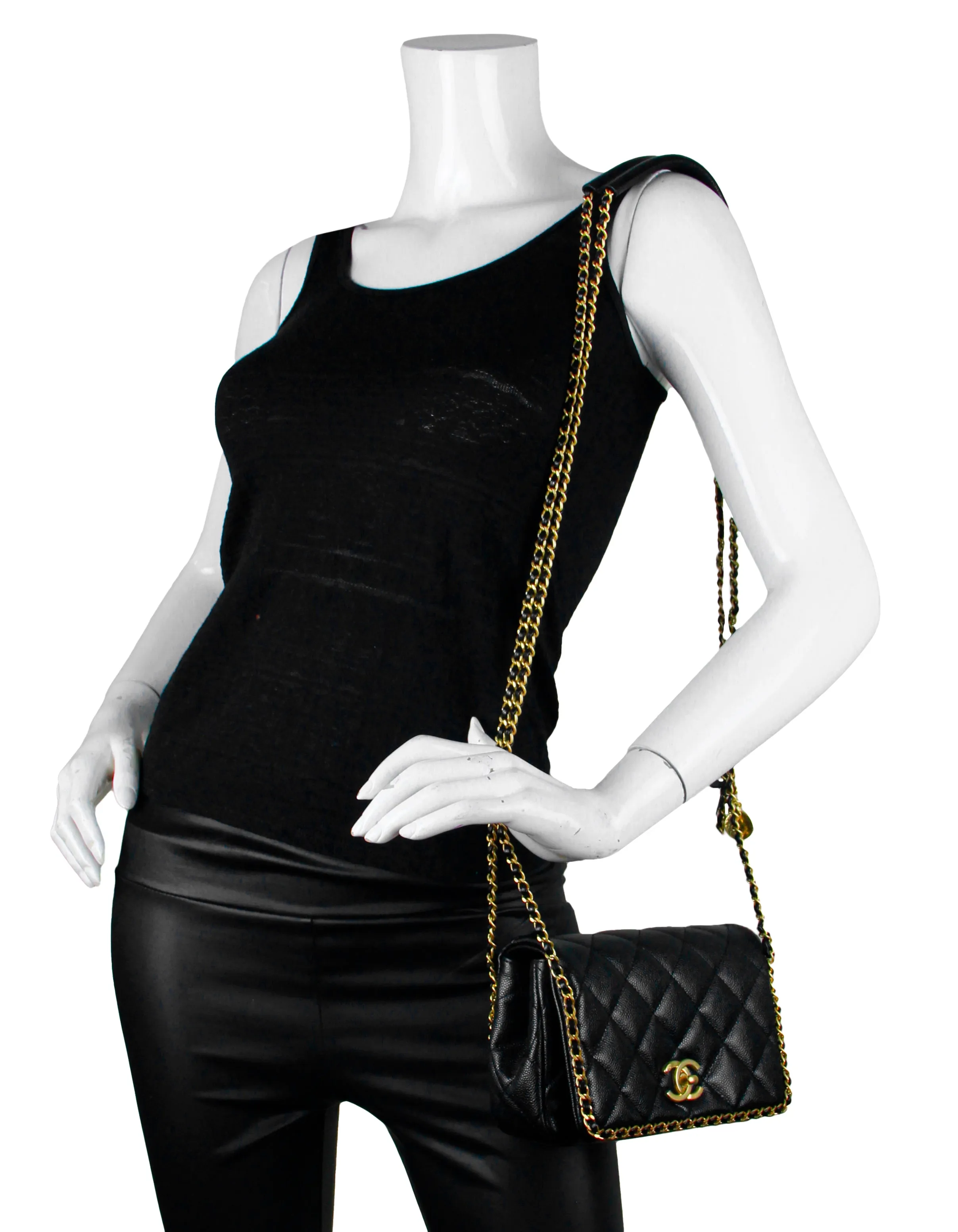 Chanel 2022 Black Caviar Quilted Chain Around Mini Flap Bag