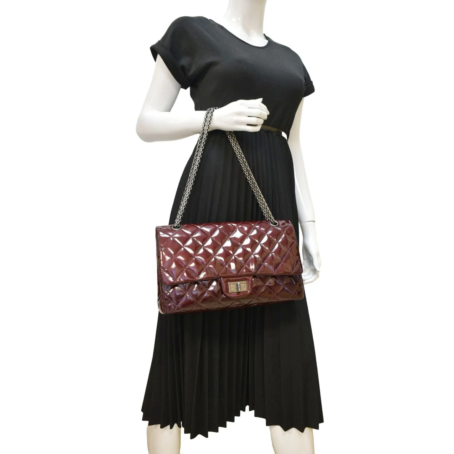 CHANEL 2.55 Reissue Double Flap Patent Leather Shoulder Bag Maroon
