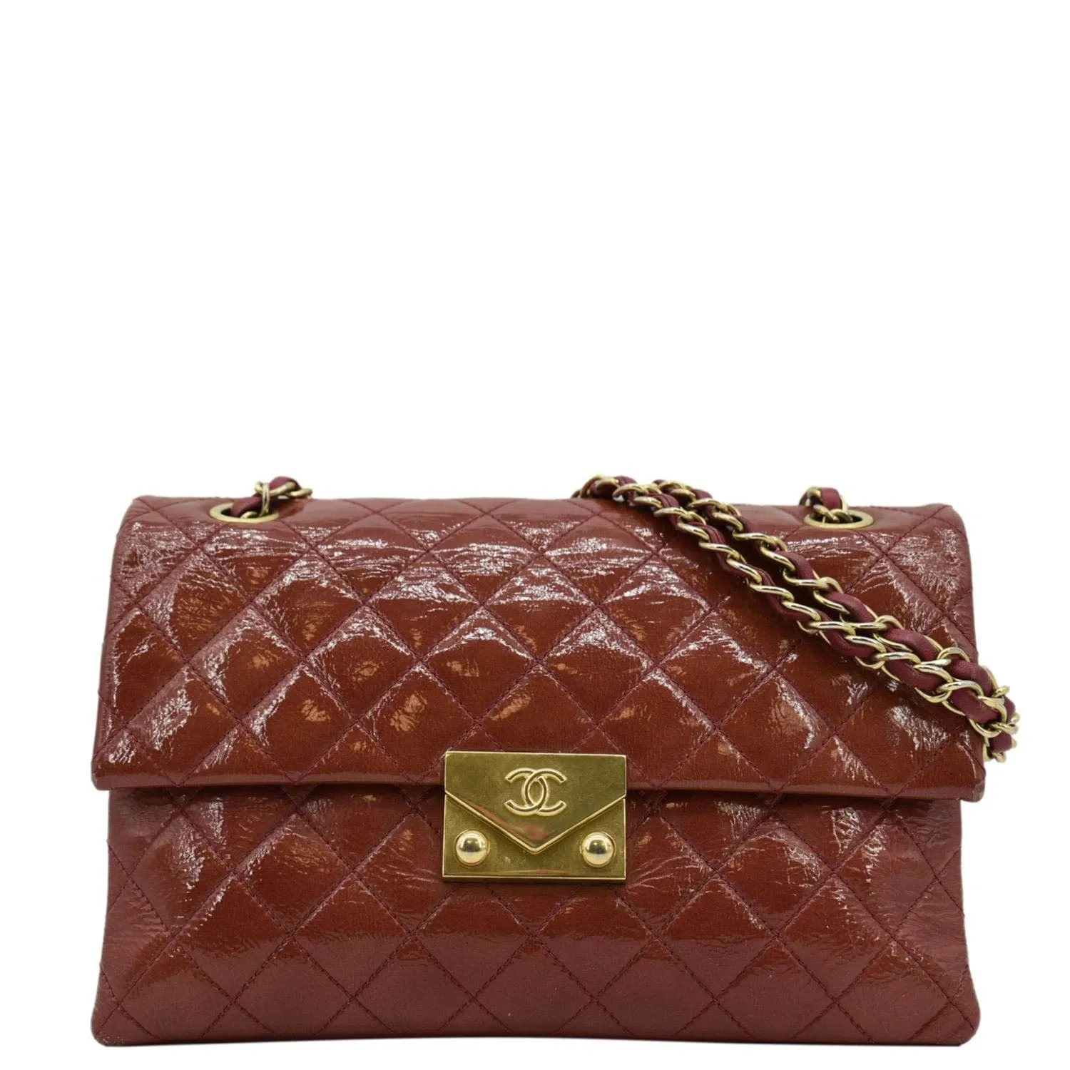 CHANEL 3 Pocket Accordion Flap Small Patent Leather Shoulder Bag Red