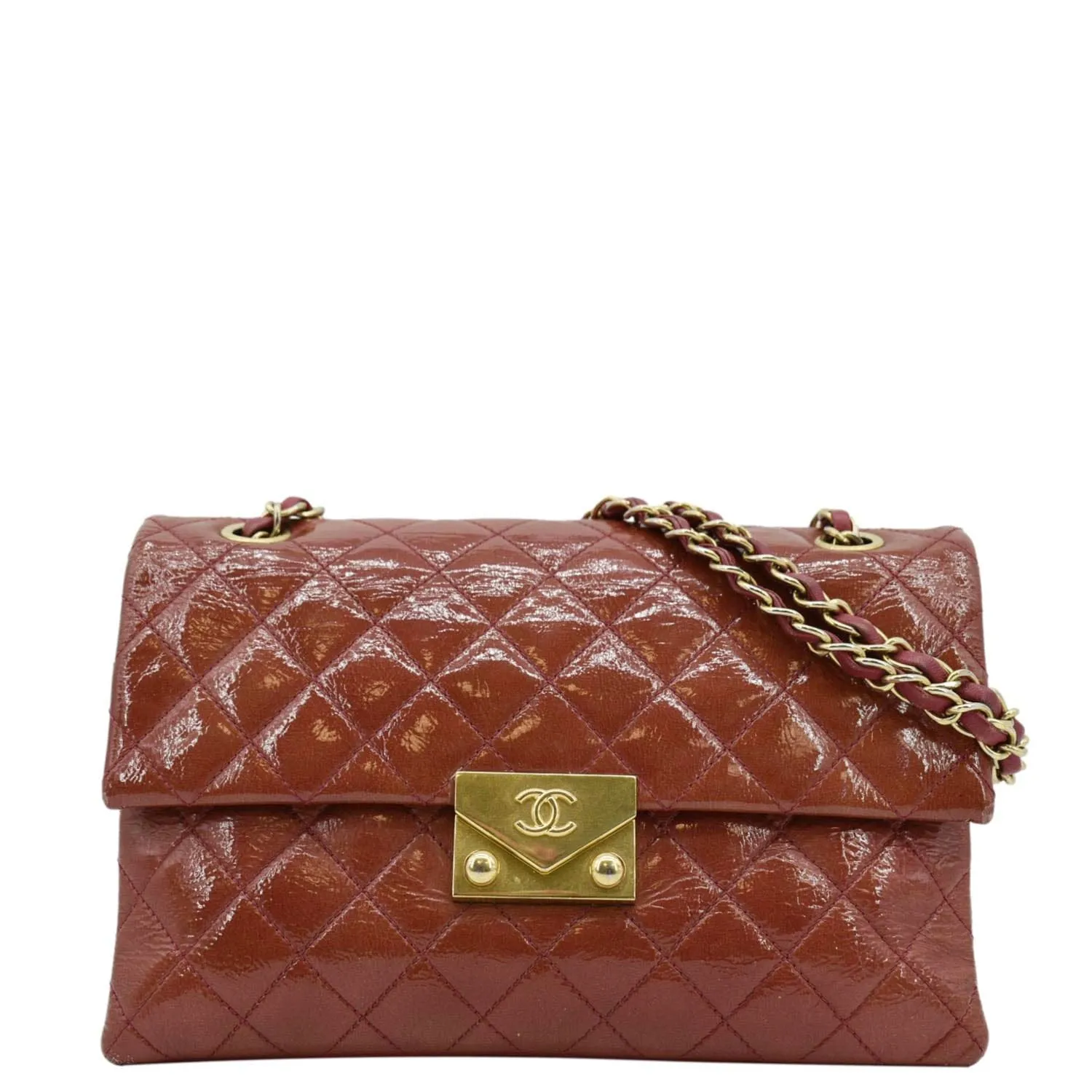 CHANEL 3 Pocket Accordion Flap Small Patent Leather Shoulder Bag Red