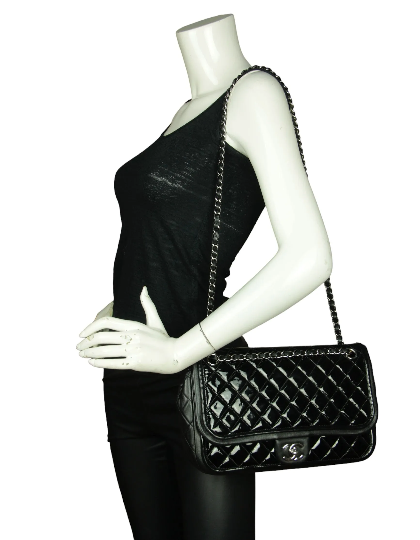 Chanel Black Classic Twist Patent Flap Bag w/ Lambskin Trim