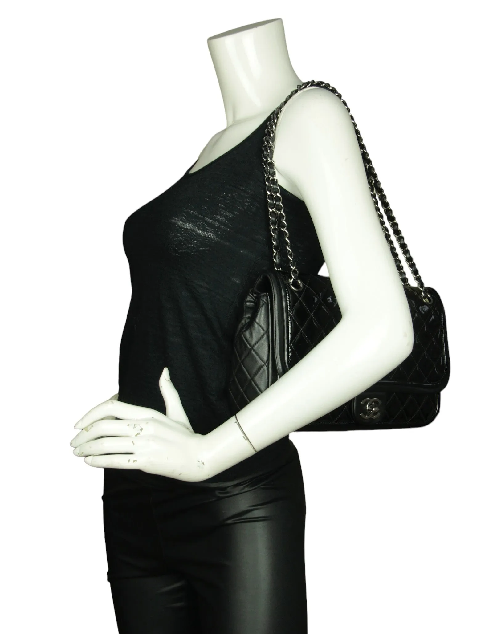 Chanel Black Classic Twist Patent Flap Bag w/ Lambskin Trim