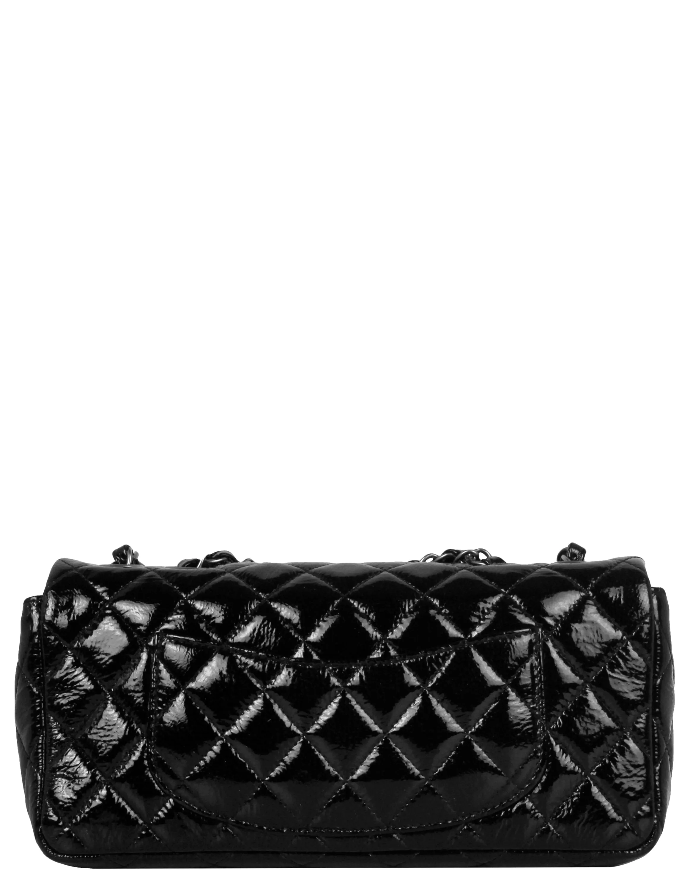 Chanel Black Distressed Patent Quilted East West Flap Bag