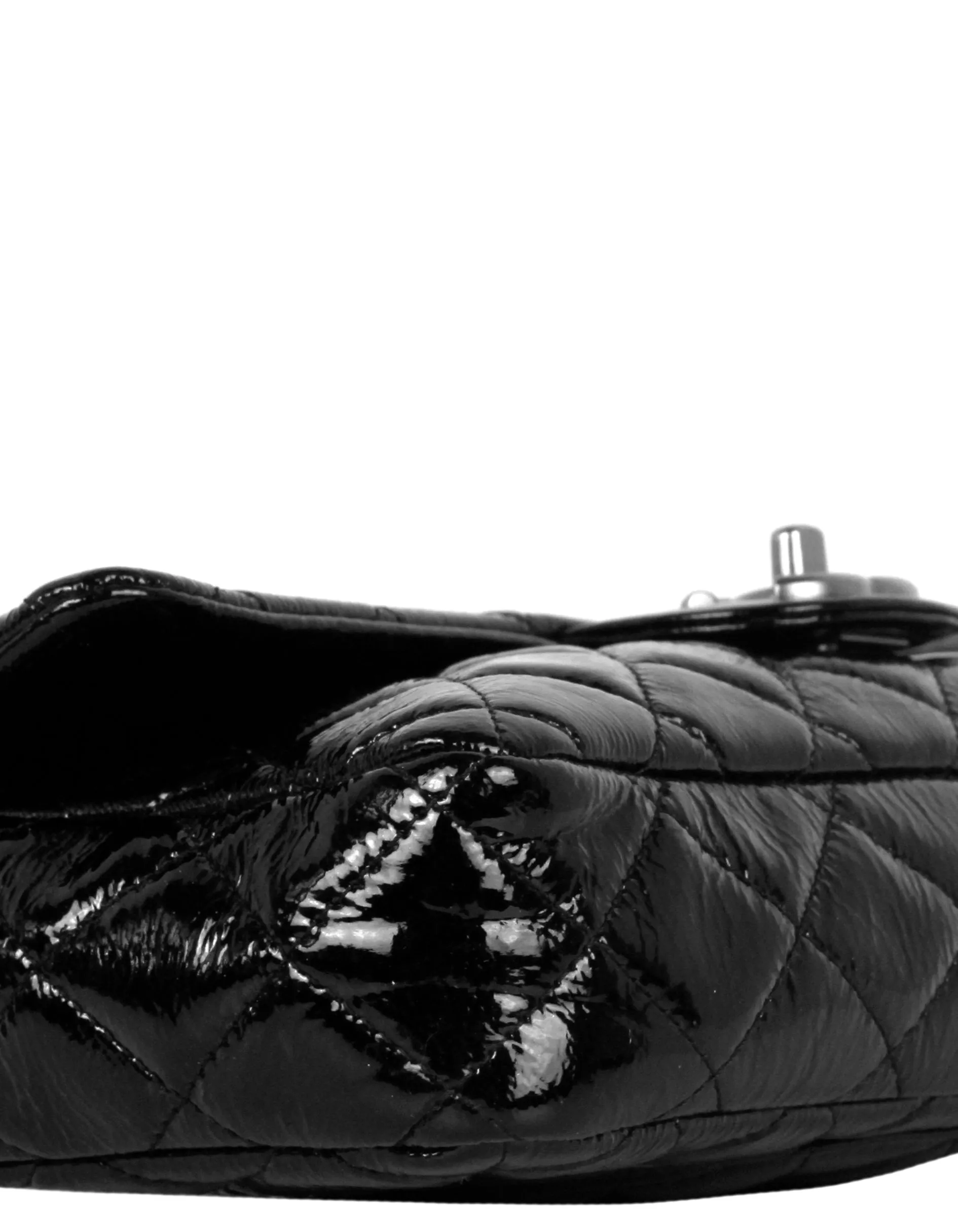 Chanel Black Distressed Patent Quilted East West Flap Bag
