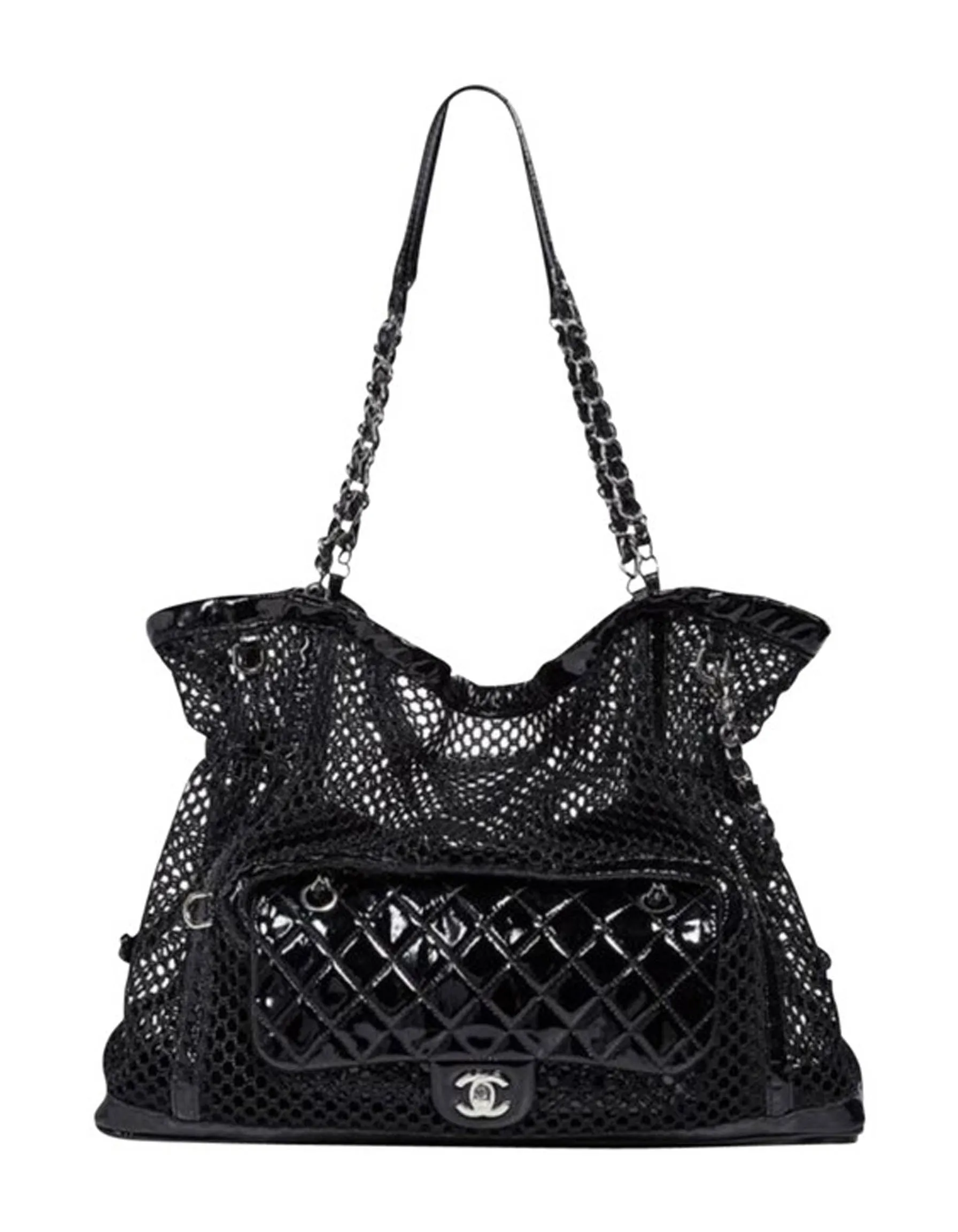Chanel Black Mesh & Patent La Madrague 2 in 1 Tote/ Quilted Flap Bag
