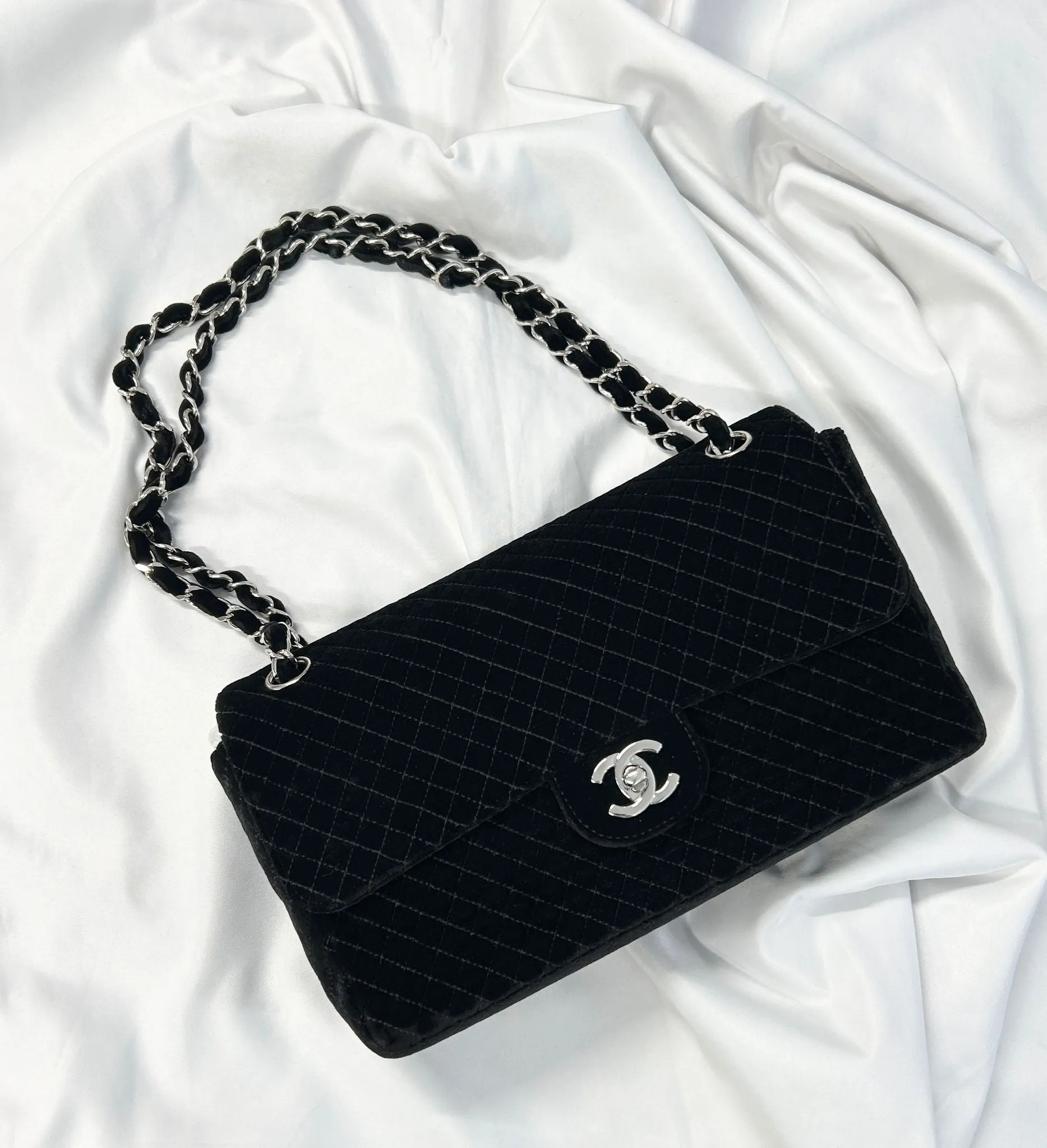 Chanel Black Velvet Micro Quilted Flap Bag
