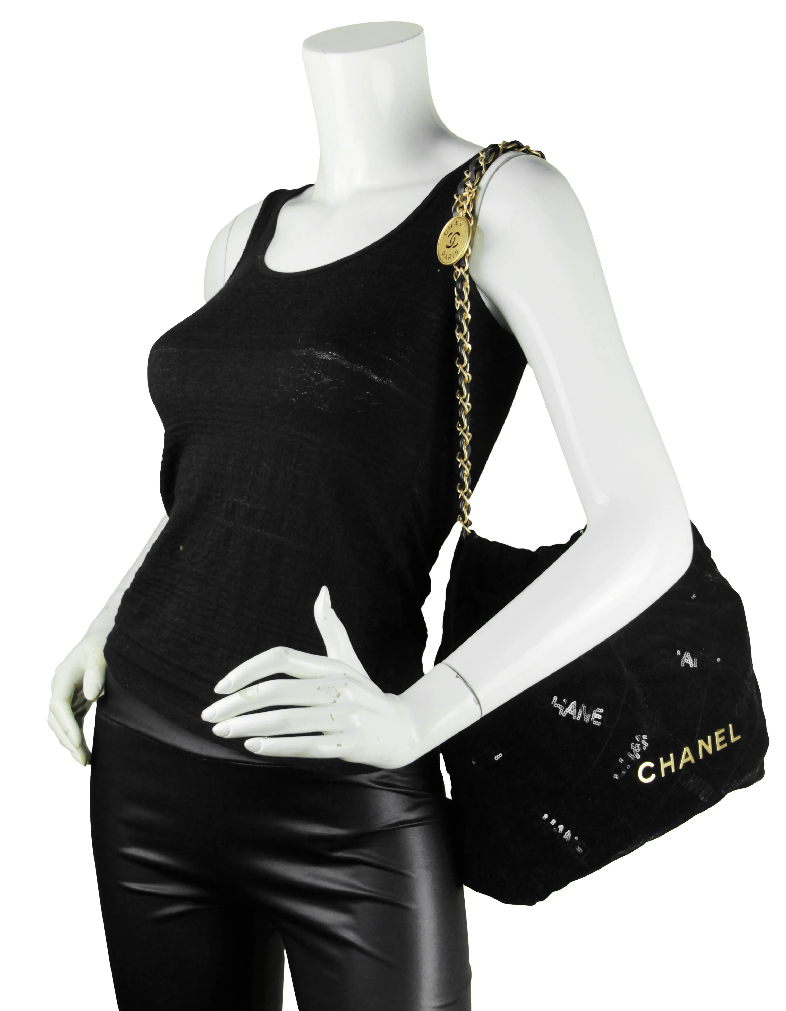 Chanel Black Velvet Sequins Chanel 22 Tote Bag