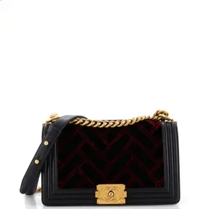 CHANEL Boy Flap Bag Chevron Patchwork Velvet with Calfskin Old Medium