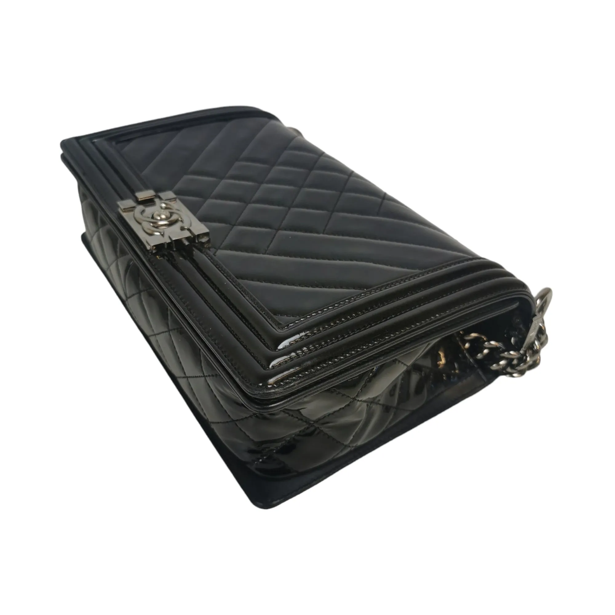 Chanel Boy Large Black Patent Leather Silver
